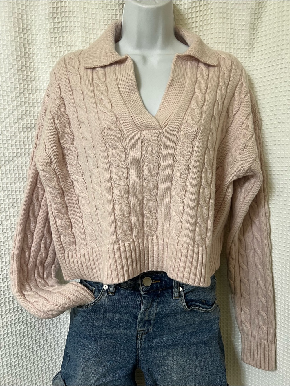 Sunday Best Aritzia Pale Pink Cable-Knit Collared V-Neck Sweater Merino Wool SZ